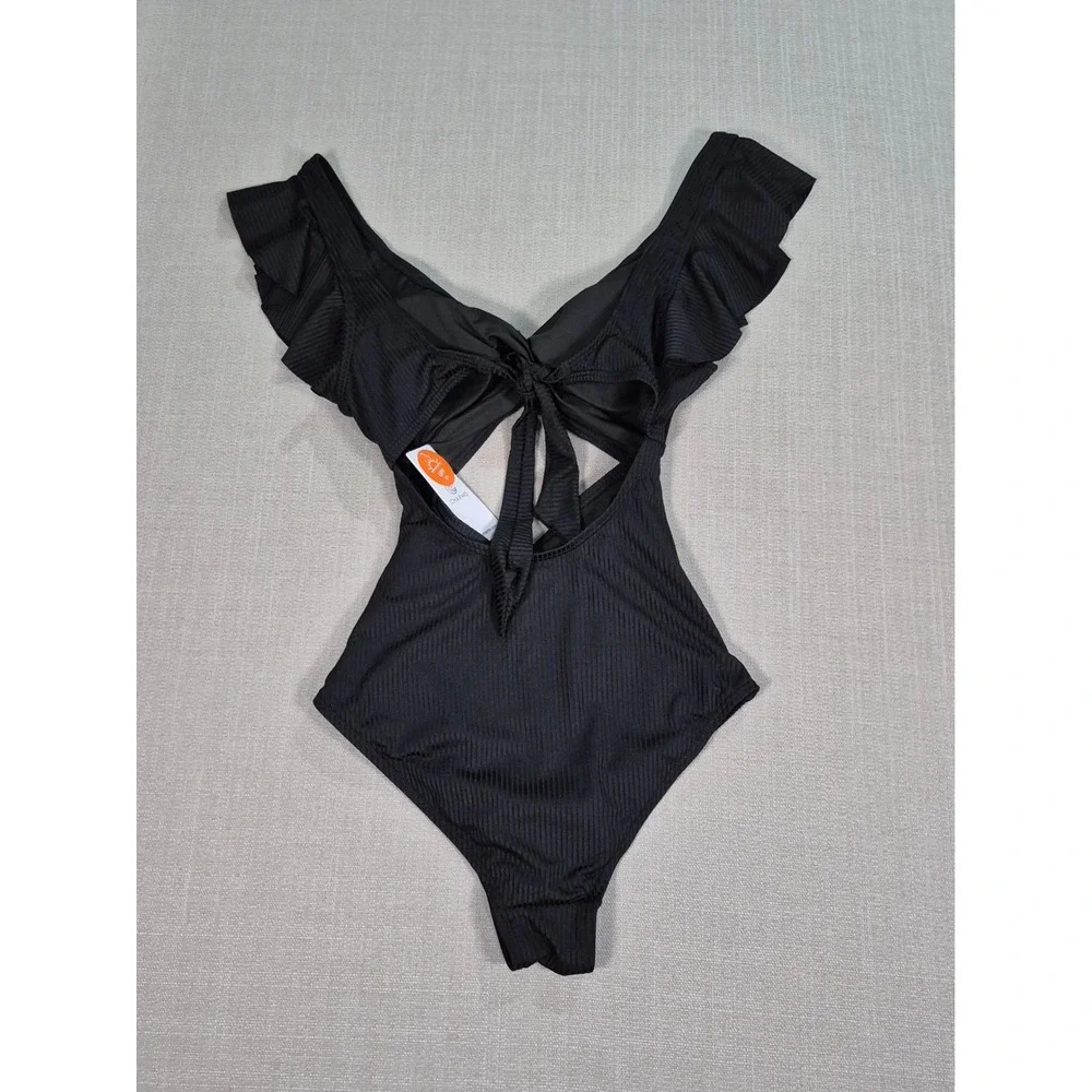 Charmo Maternity One Piece Swimsuit Black Ribbed Ruffle Cutout UPF 50 Size S NWT